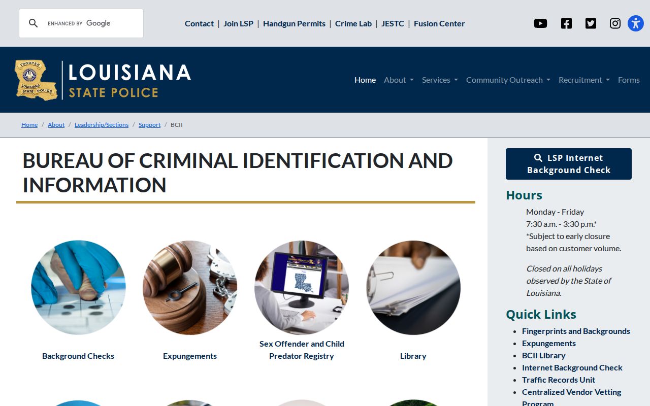 Louisiana warrant system context on the State Police BCII-LCJIS program page