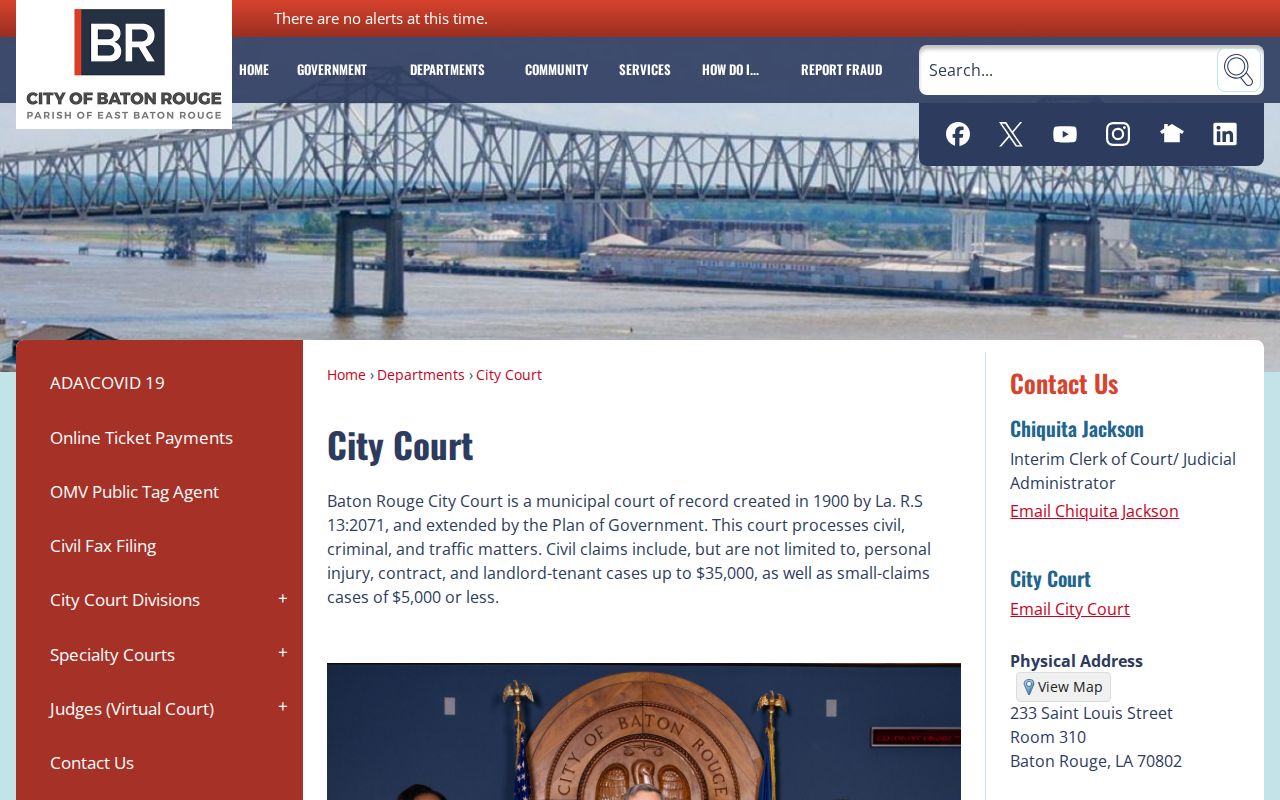 Louisiana municipal court warrant context: Baton Rouge City Court divisions and office navigation