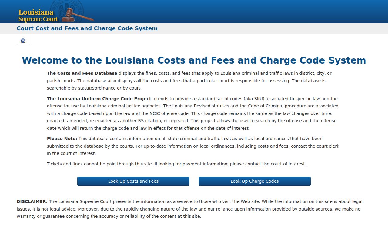 Louisiana warrant system court-cost search landing interface