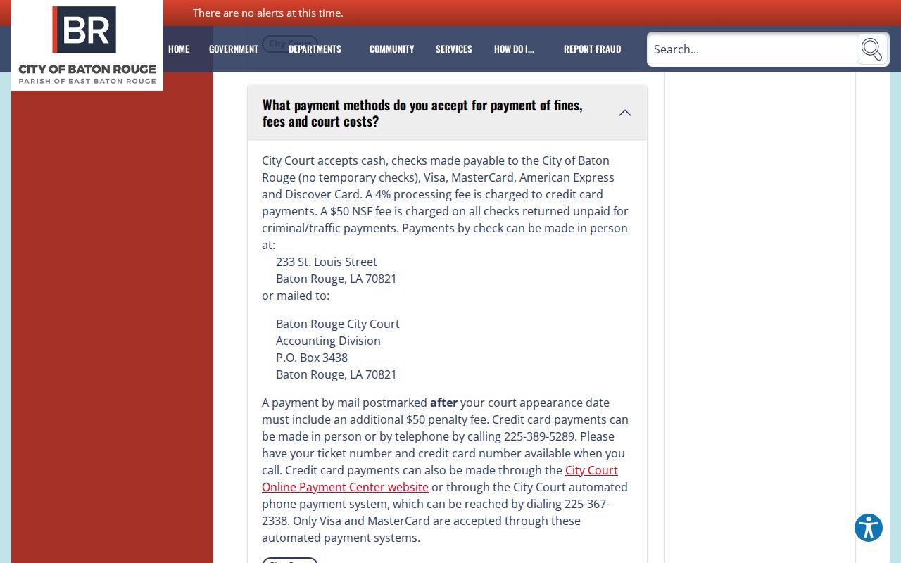 Louisiana bench warrant inquiry instructions and court phone routing at Baton Rouge City Court