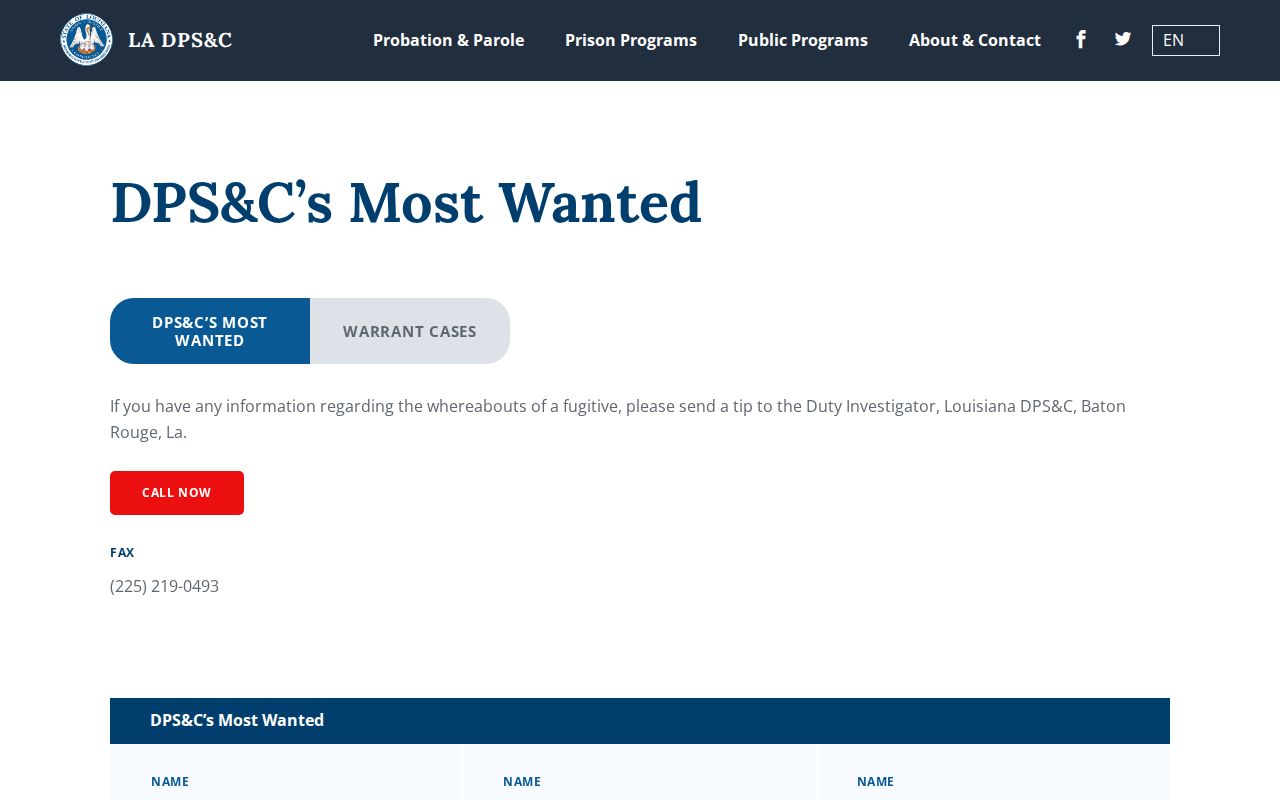 Louisiana Most Wanted program heading and official warrant case instructions