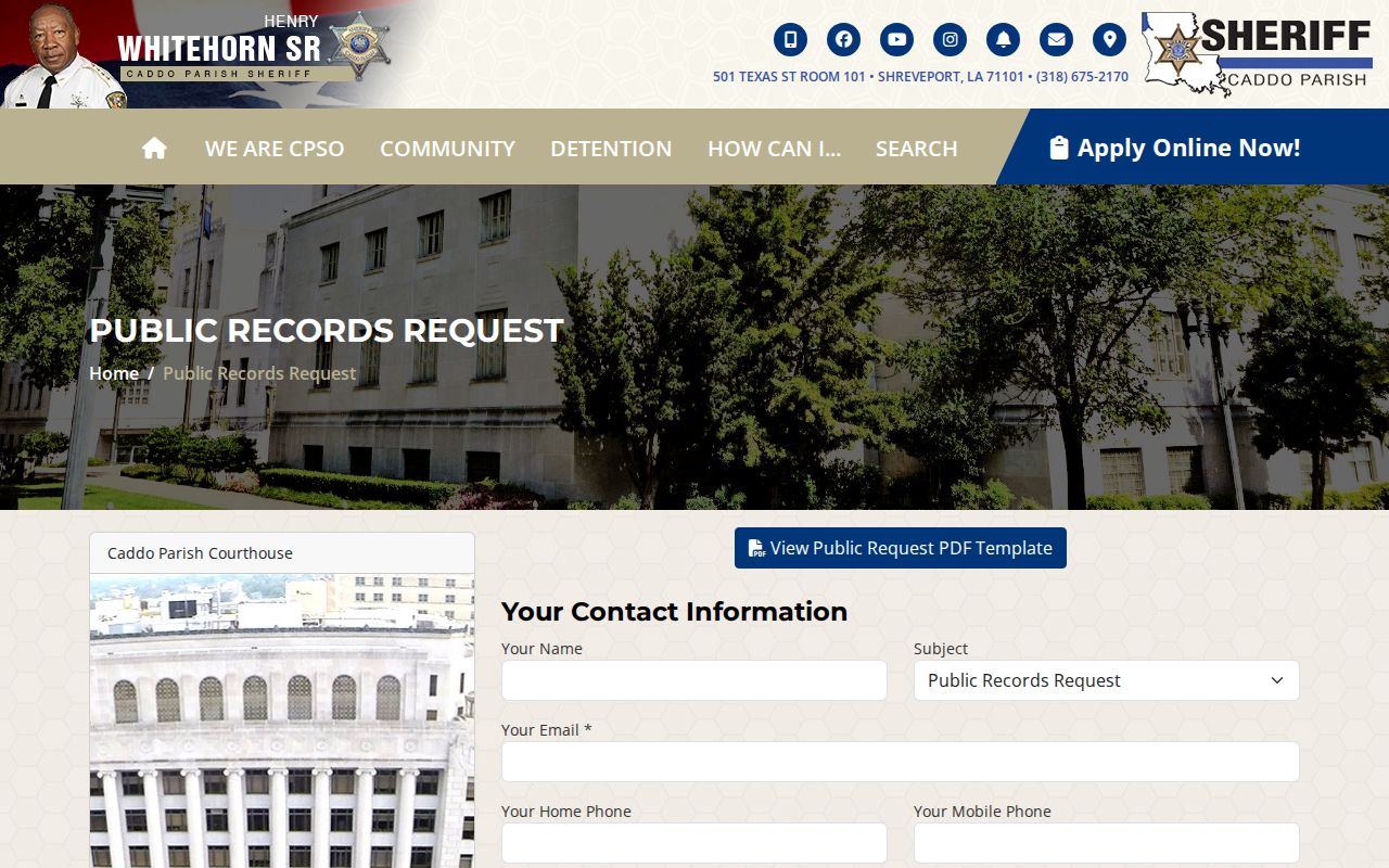 Louisiana sheriff public-record request form fields for a warrant-record request