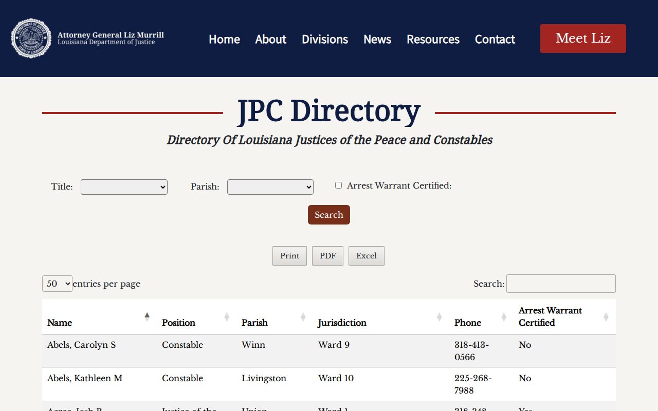 Louisiana Justice of the Peace directory filters for parish and arrest-warrant certification