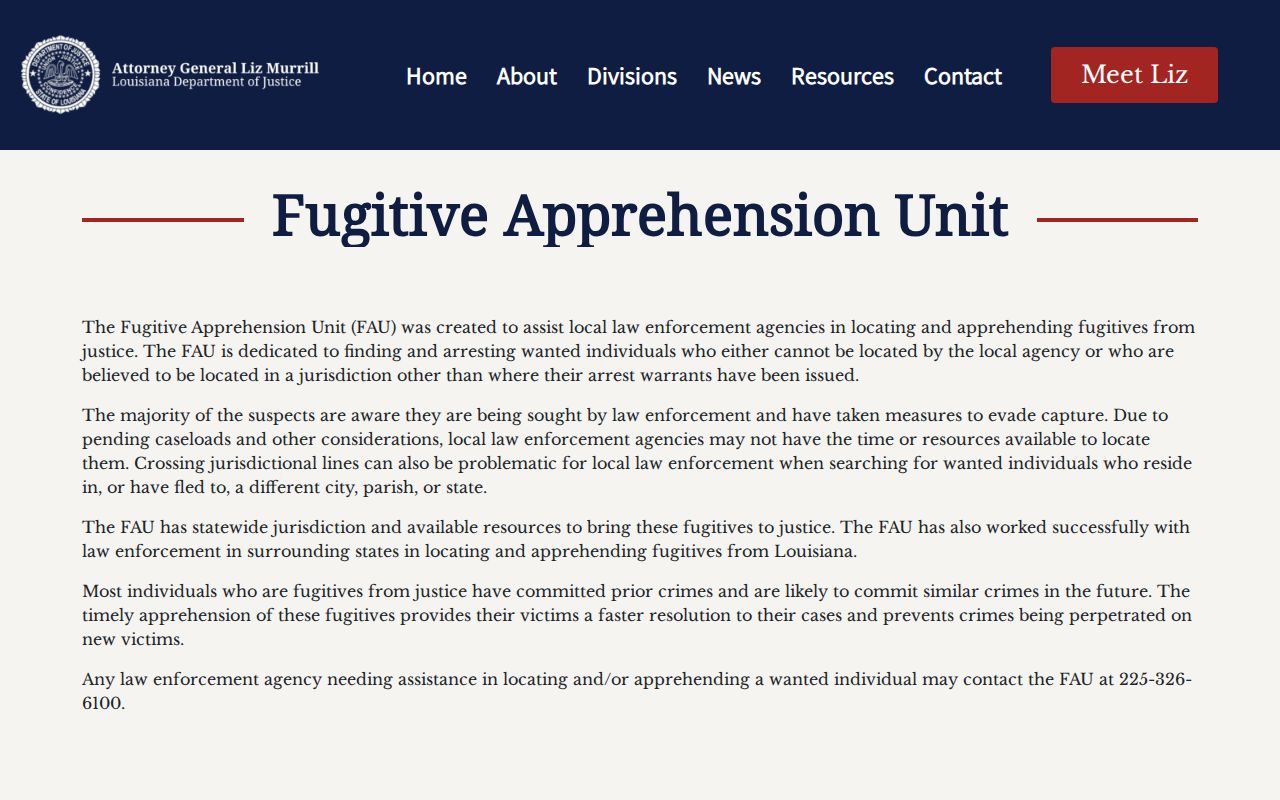 Louisiana warrant system Attorney General Fugitive Apprehension Unit description
